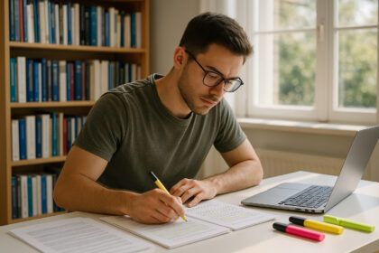 Jeune étudiant concentré à son bureau lumineux