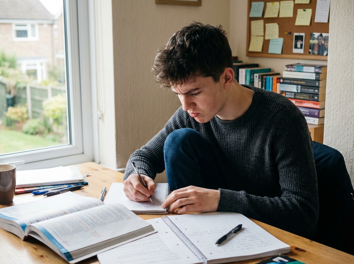 Jeune étudiant concentré à son bureau dans une chambre moderne