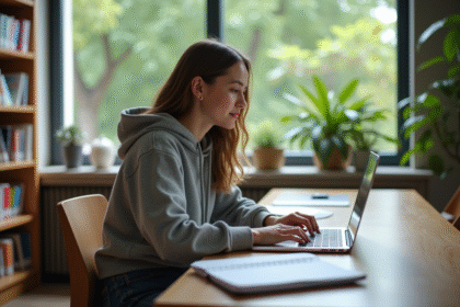 Jeune étudiante concentrée sur son ordinateur dans une bibliothèque universitaire