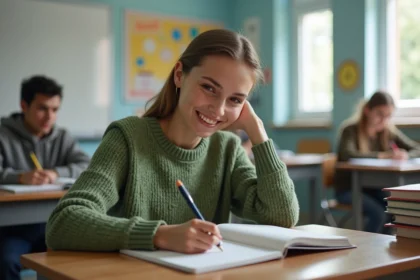 Jeune femme en classe écrivant des verbes français dans un cahier