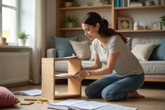 Jeune femme assemble un petit meuble en bois dans un salon cosy