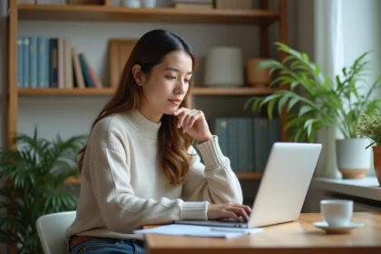 Jeune femme concentrée en train de passer un test TOEIC à la maison