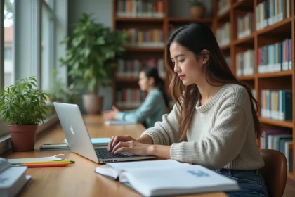 Jeune femme à la bibliothèque universitaire utilisant le LEO UGA