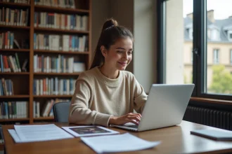 Jeune femme concentrée à la bibliothèque universitaire à Paris