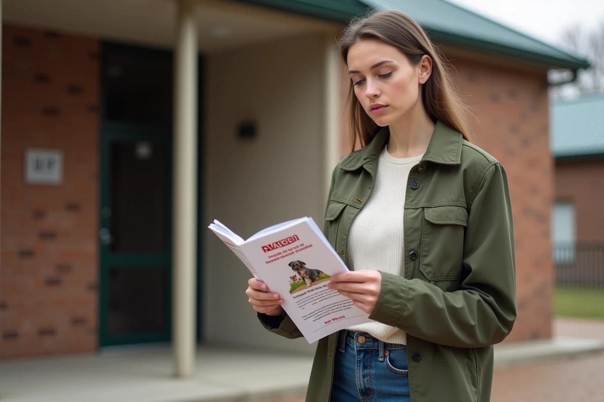 Jeune femme consultant une brochure sur les formations ACACED devant un centre animalier