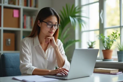 Jeune femme en bureau moderne remplissant un questionnaire