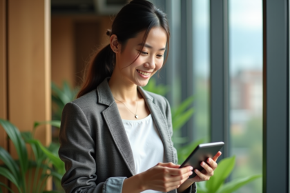 Jeune femme professionnelle souriante avec tablette dans un bureau moderne