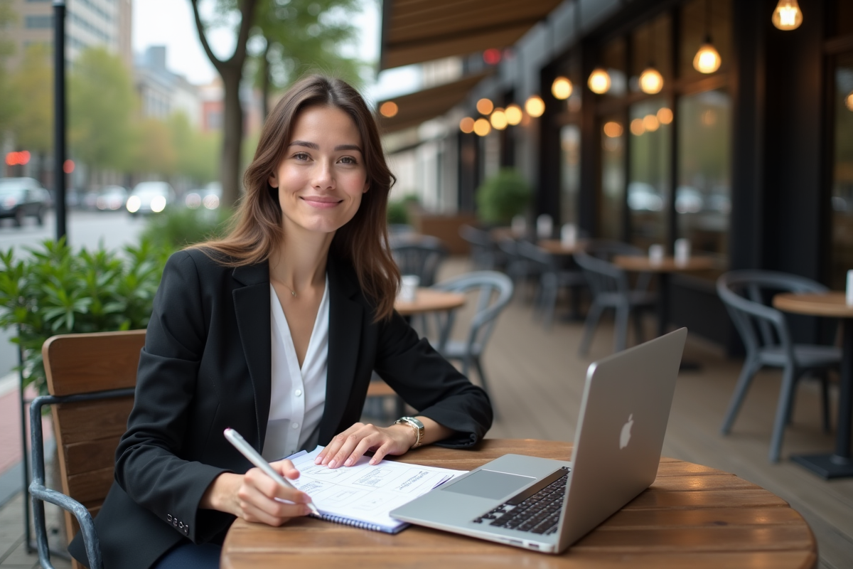 Jeune entrepreneure travaillant en extérieur avec SWOT