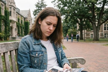 Jeune femme pensif sur un campus universitaire avec brochures