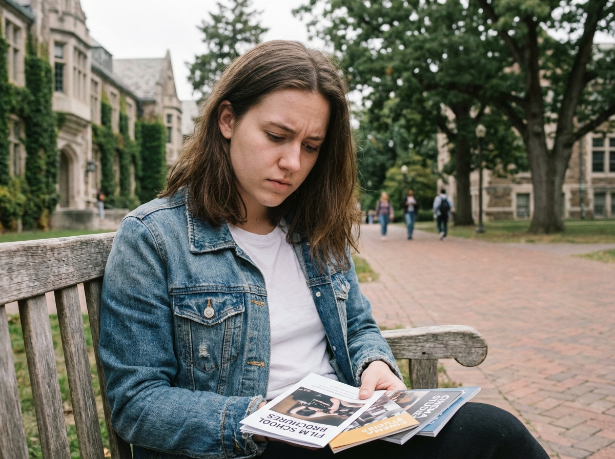 Jeune femme pensif sur un campus universitaire avec brochures