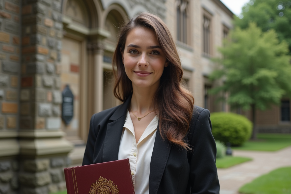 Jeune femme avec diplôme devant une vieille facade universitaire