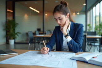 Jeune femme en blazer esquissant une mind map dans un bureau élégant