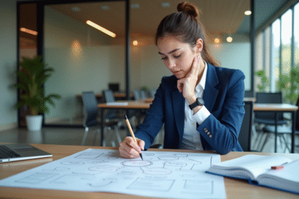 Jeune femme en blazer esquissant une mind map dans un bureau élégant