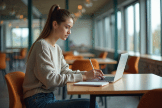 Jeune femme concentrée à étudier sur un laptop dans un espace moderne