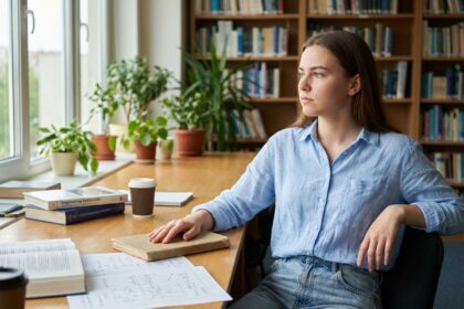 Jeune femme en étude universitaire dans une salle lumineuse