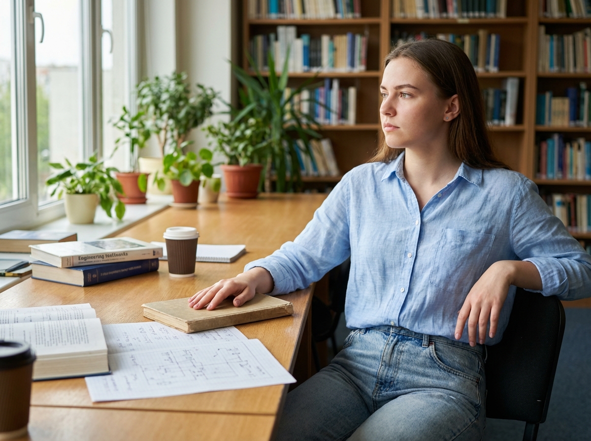 Jeune femme en étude universitaire dans une salle lumineuse