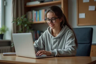 Jeune femme concentrée sur un simulateur de memoire sur son ordinateur