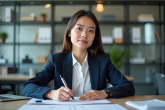 Jeune femme concentrée en formation dans un bureau moderne