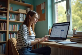 Jeune femme sur son ordinateur avec portail UTT dans une chambre universitaire