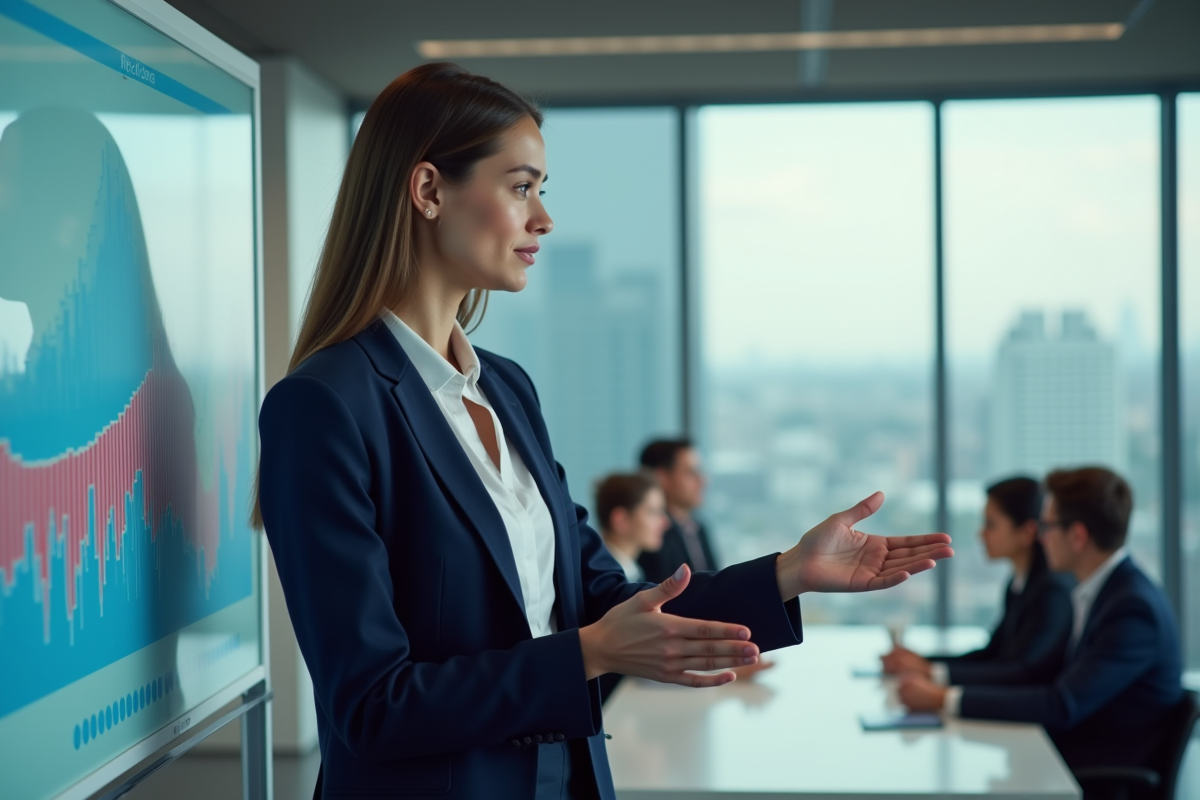 Jeune femme en blazer navy présentant un concept dans un bureau moderne