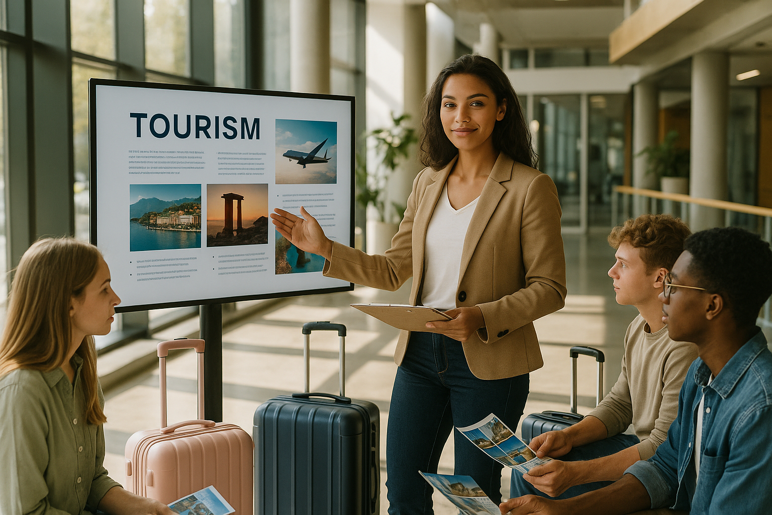 Jeune femme présentant un projet de tourisme avec ses camarades