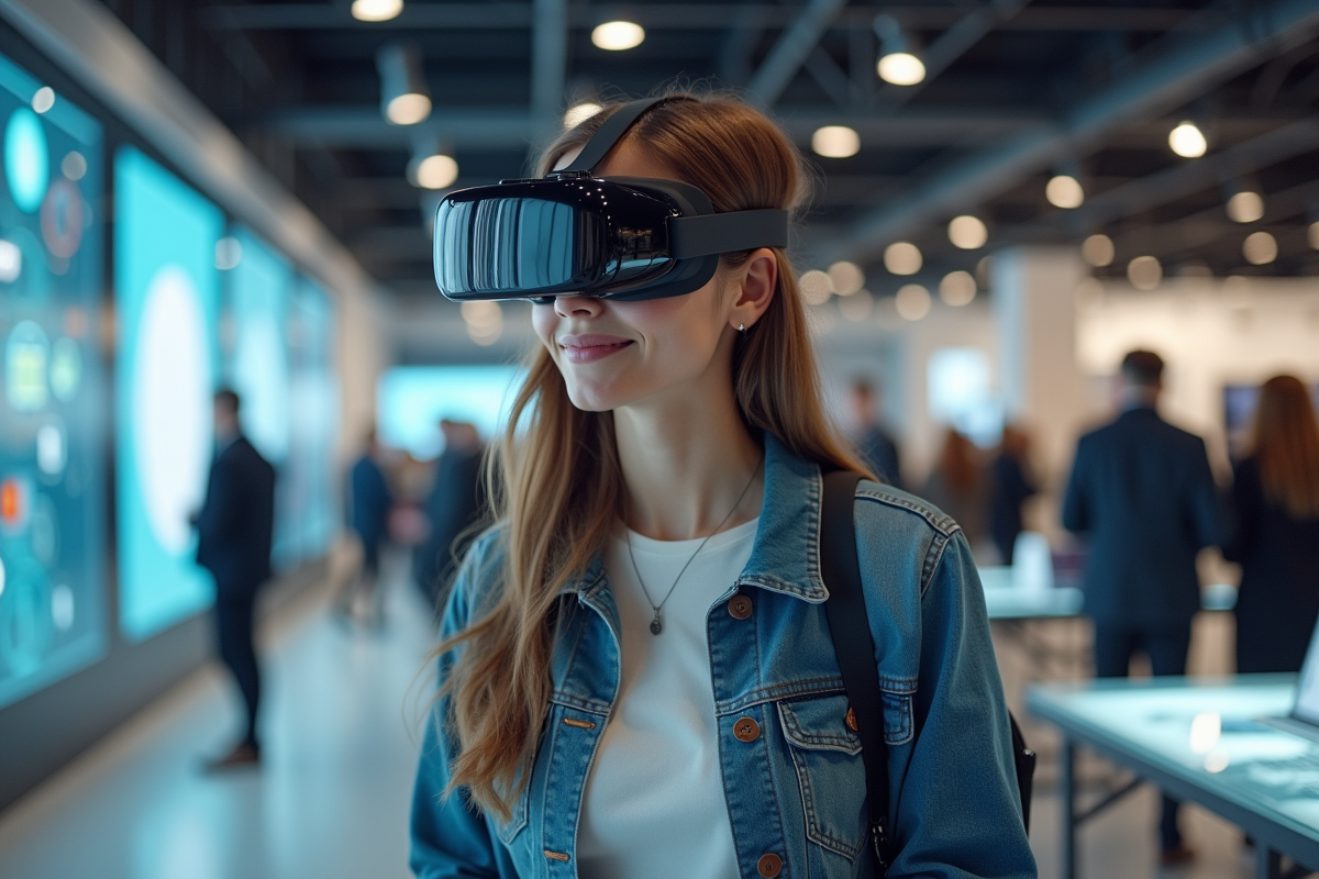 Jeune femme avec casque de réalité augmentée dans hall technologique