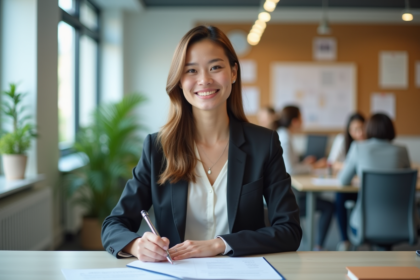 Jeune femme signant un contrat de stage dans un bureau lumineux