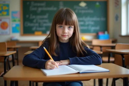 Jeune fille française de 10 ans en classe attentive