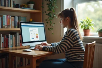 Jeune fille en jeans et pull rayé utilisant un ordinateur pour ses notes