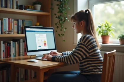 Jeune fille en jeans et pull rayé utilisant un ordinateur pour ses notes