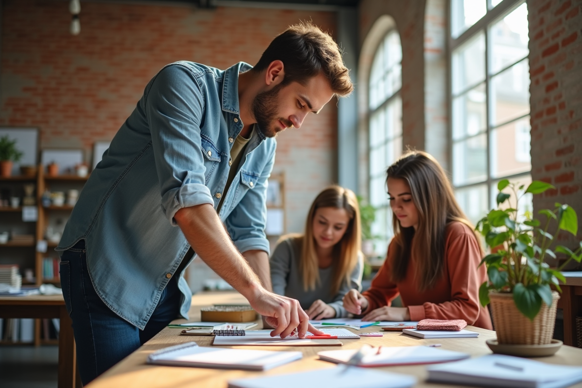 Jeune homme montrant un projet créatif avec des matériaux