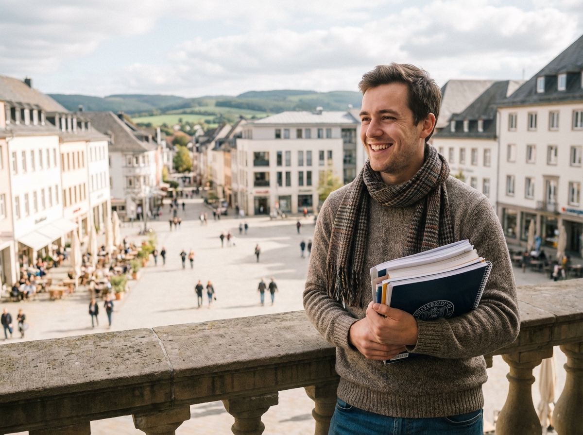 Jeune homme souriant sur un balcon avec la place