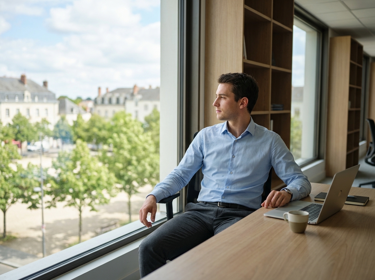 Jeune homme au bureau avec vue sur La Roche sur Yon