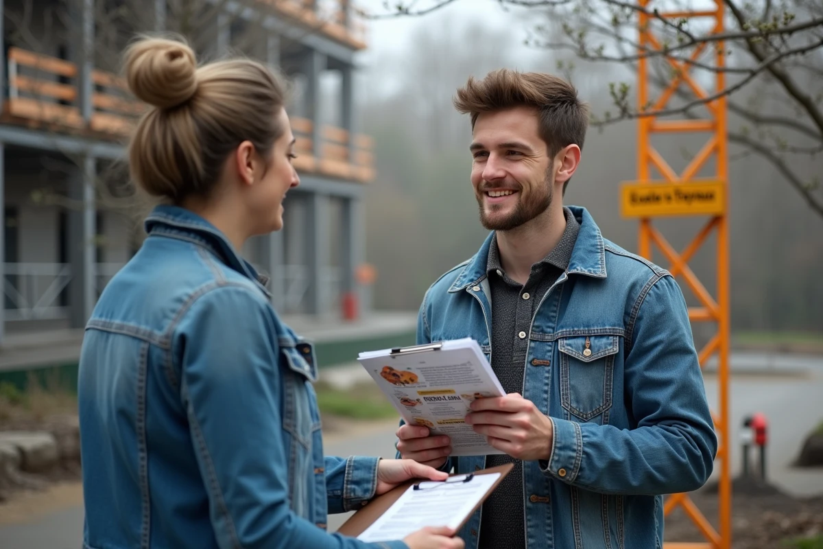 Jeune homme discutant avec conseillère sur site de construction