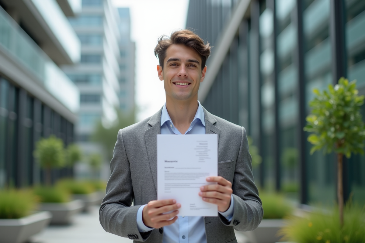 Jeune homme présentant son CV en extérieur urbain