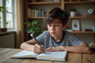 Adolescent concentré à écrire des verbes dans un cahier à la maison