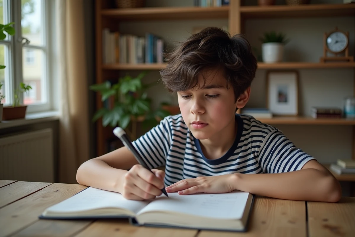 Adolescent concentré à écrire des verbes dans un cahier à la maison