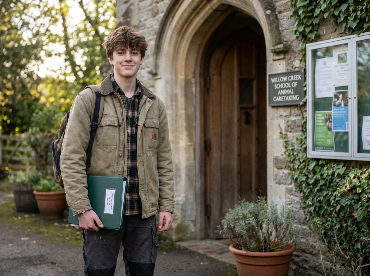 Adolescent tenant un dossier devant une école animale