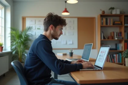 Jeune homme concentré sur son ordinateur dans une chambre étudiante