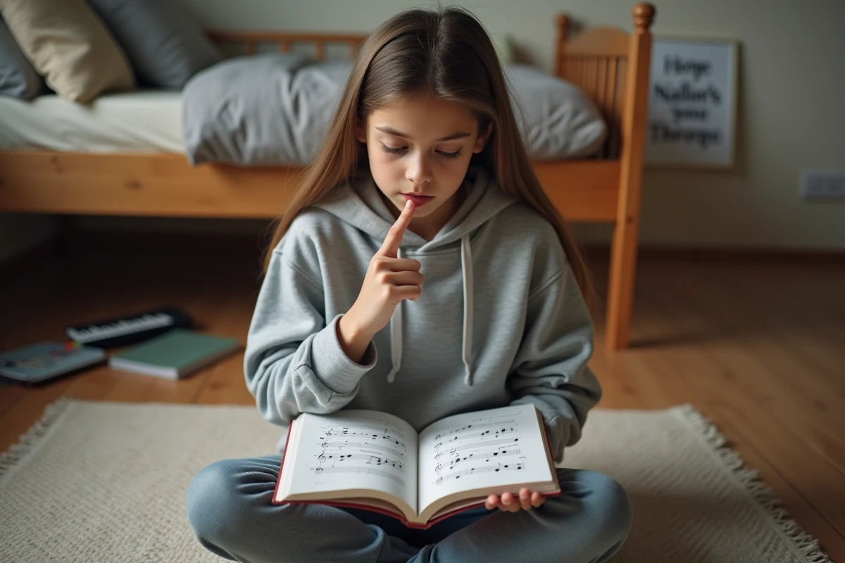 Jeune musicienne apprenant la clé de fa dans un manuel de théorie musicale posé sur ses genoux dans sa chambre