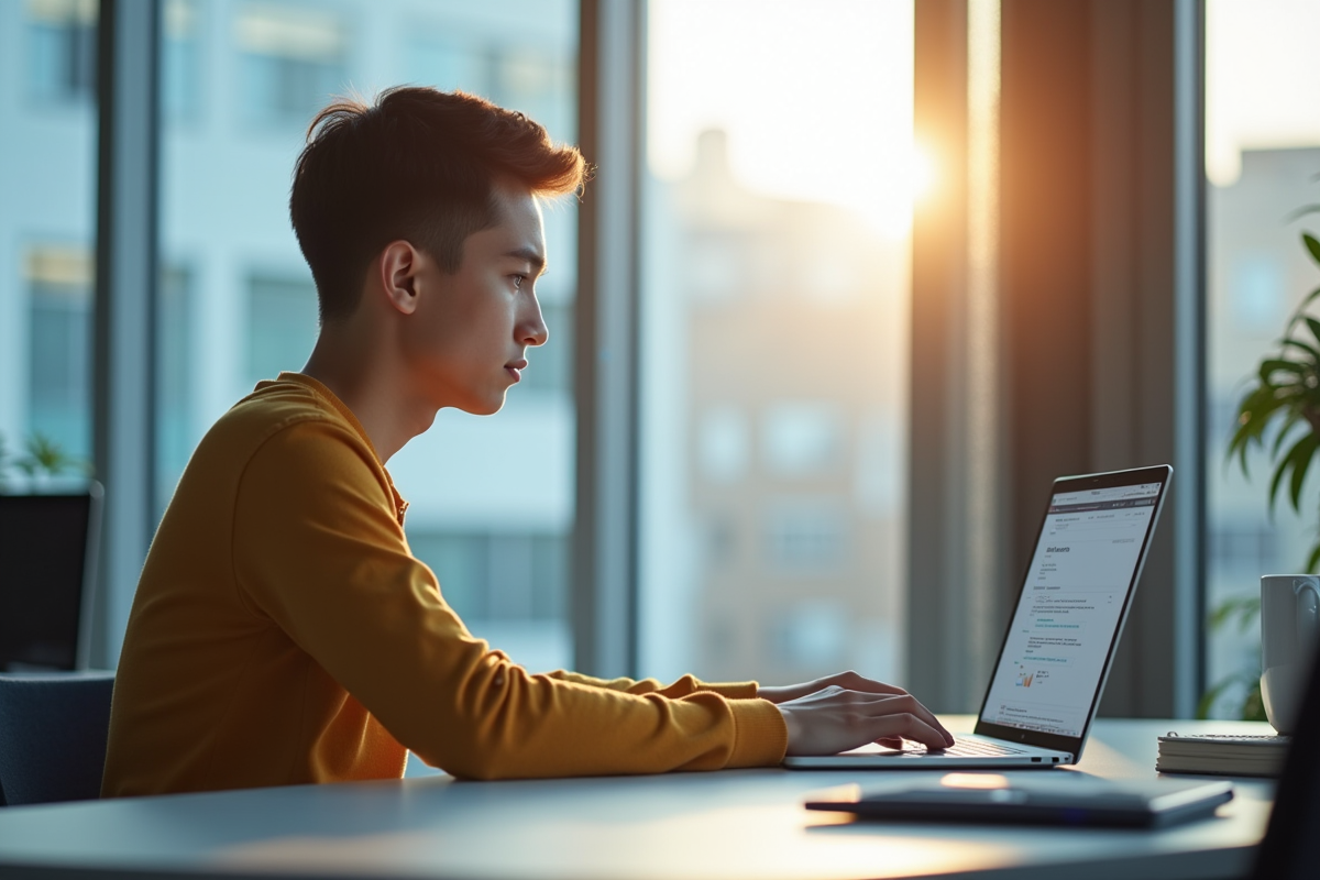 Jeune professionnel travaillant sur un ordinateur dans un bureau lumineux