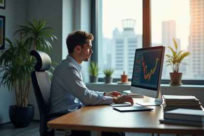 Jeune professionnel analysant des graphiques financiers sur un ordinateur