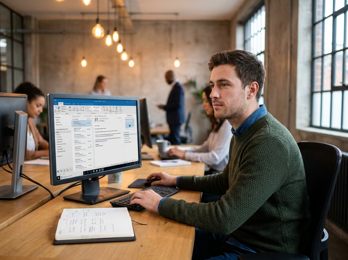 Jeune professionnel gérant ses emails et son agenda sur Microsoft Outlook dans un espace de coworking
