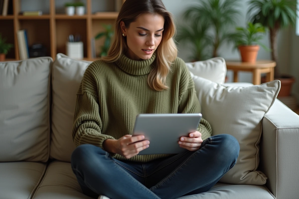 Jeune professionnelle consultant le portail métier 76 sur une tablette depuis son domicile
