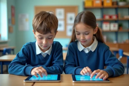 Deux adolescents en classe utilisant des tablettes éducatives