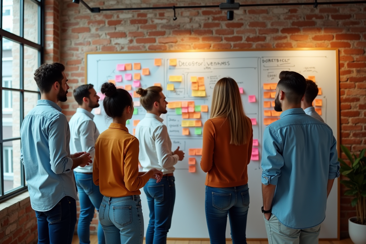Groupe de jeunes professionnels discutant dans un espace créatif