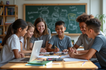 Jeunes divers collaborant sur un projet de robotique en classe