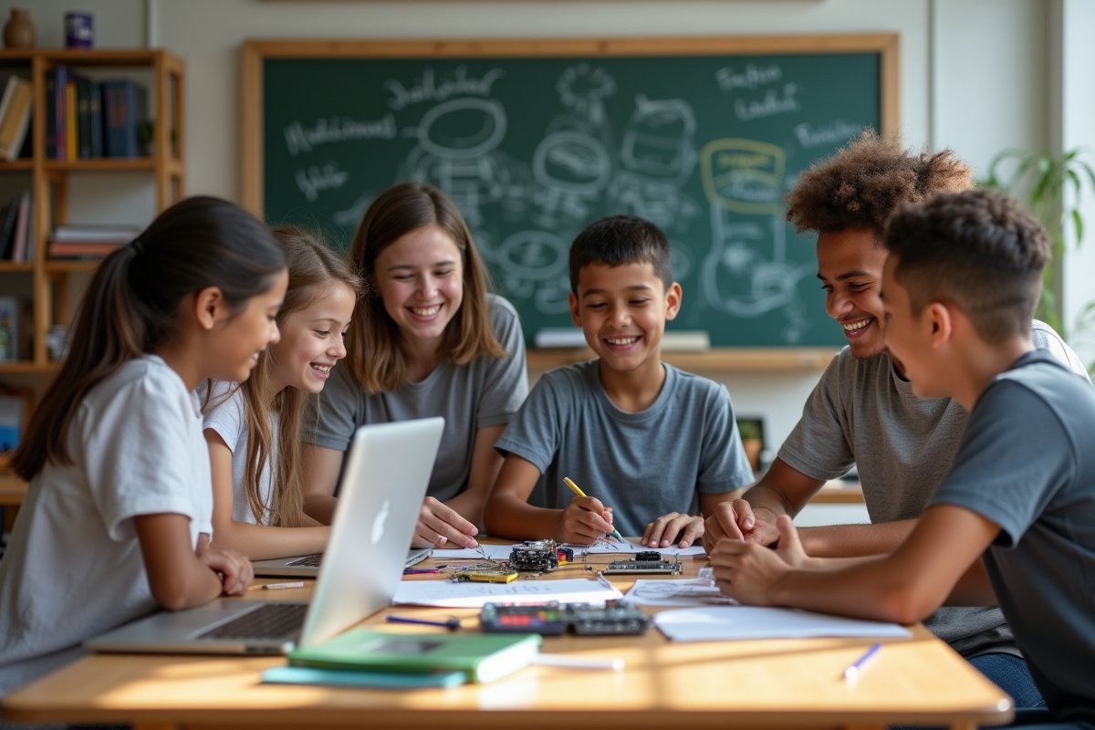 Jeunes divers collaborant sur un projet de robotique en classe