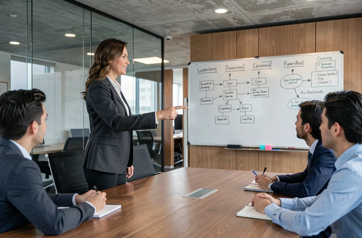 Manager femme présentant une grille d'analyse du style de leadership à une équipe en salle de réunion moderne