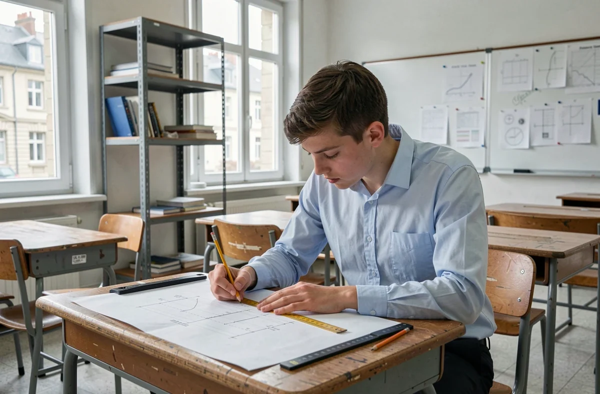 Lycéen travaillant sur des plans techniques dans une salle du lycée Jules Haag à Besançon